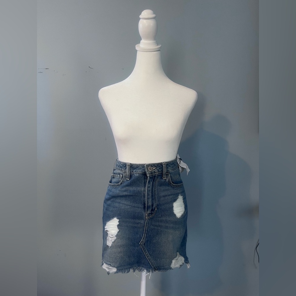 Distressed High Rise Denim Skirt